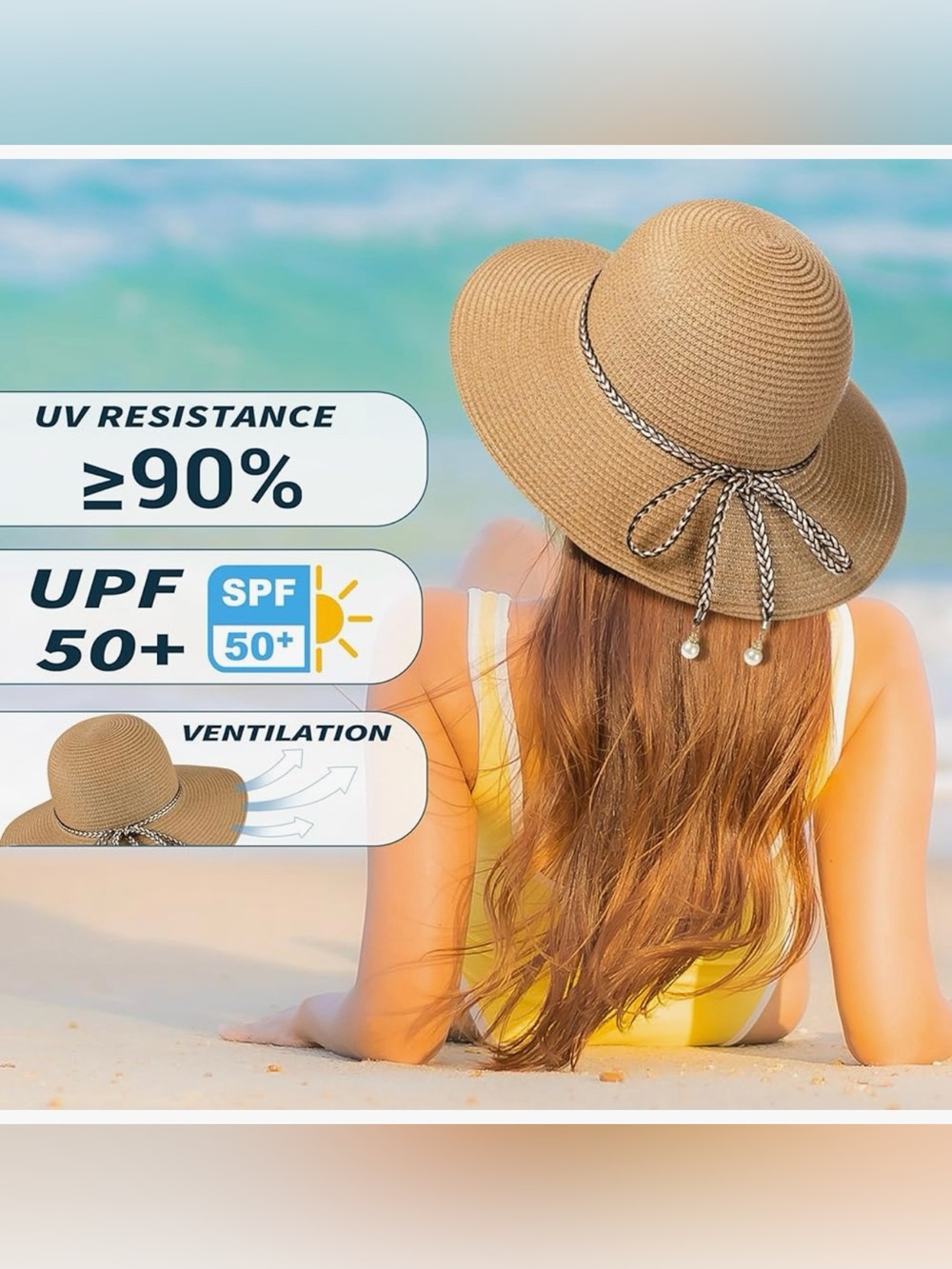 Classic Wide-Brim Straw Sun Hat - Tan with Braided Accent - Picture 3 of 7